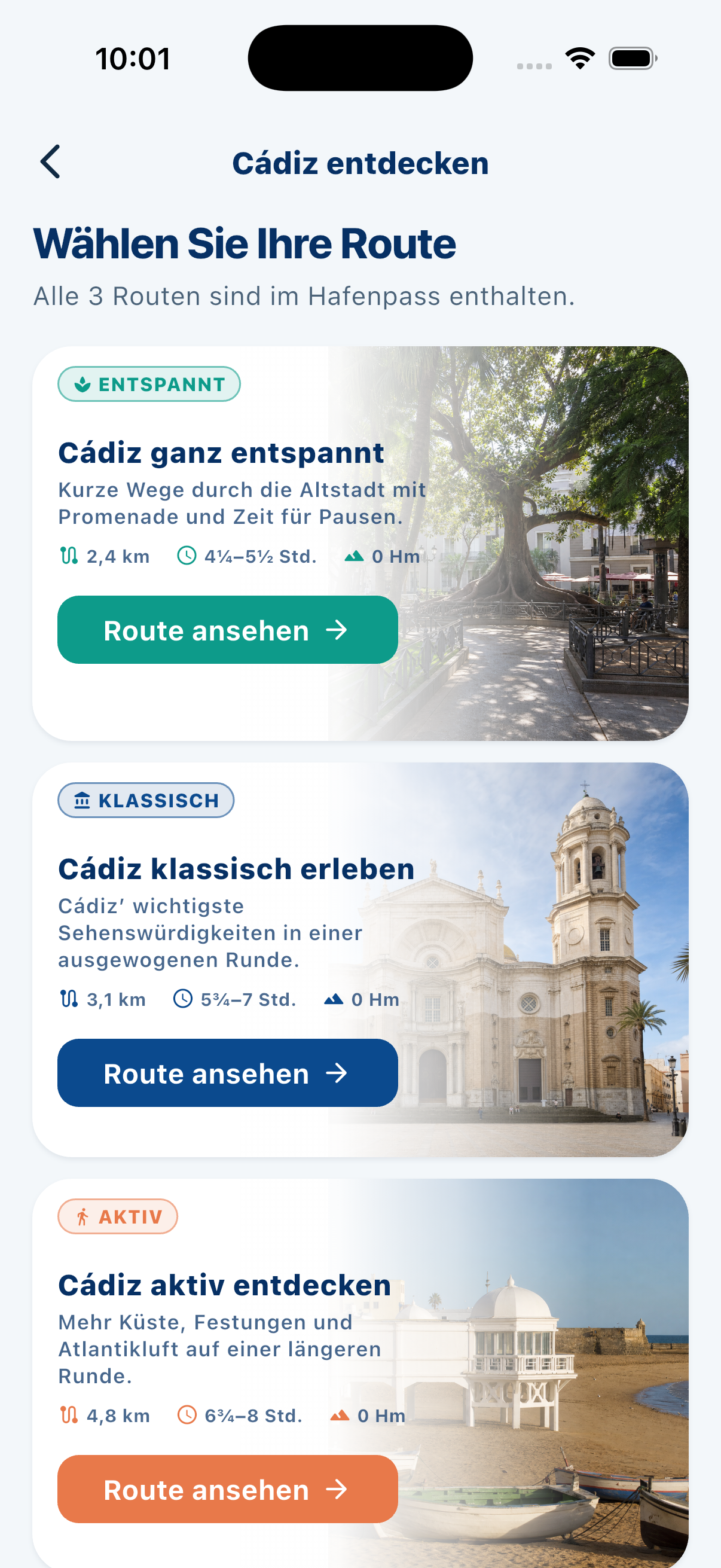 MeinLandgang App mit den drei Cádiz-Routen Entspannt, Klassisch und Aktiv