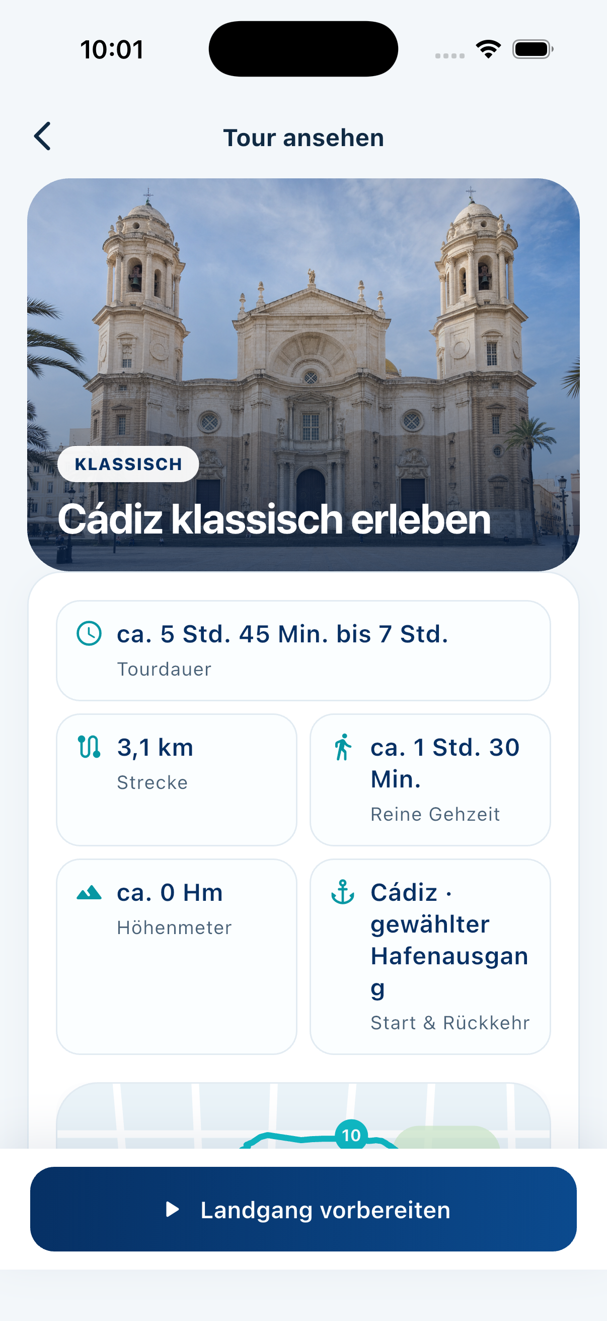MeinLandgang App mit Details und Kennzahlen der klassischen Cádiz-Tour