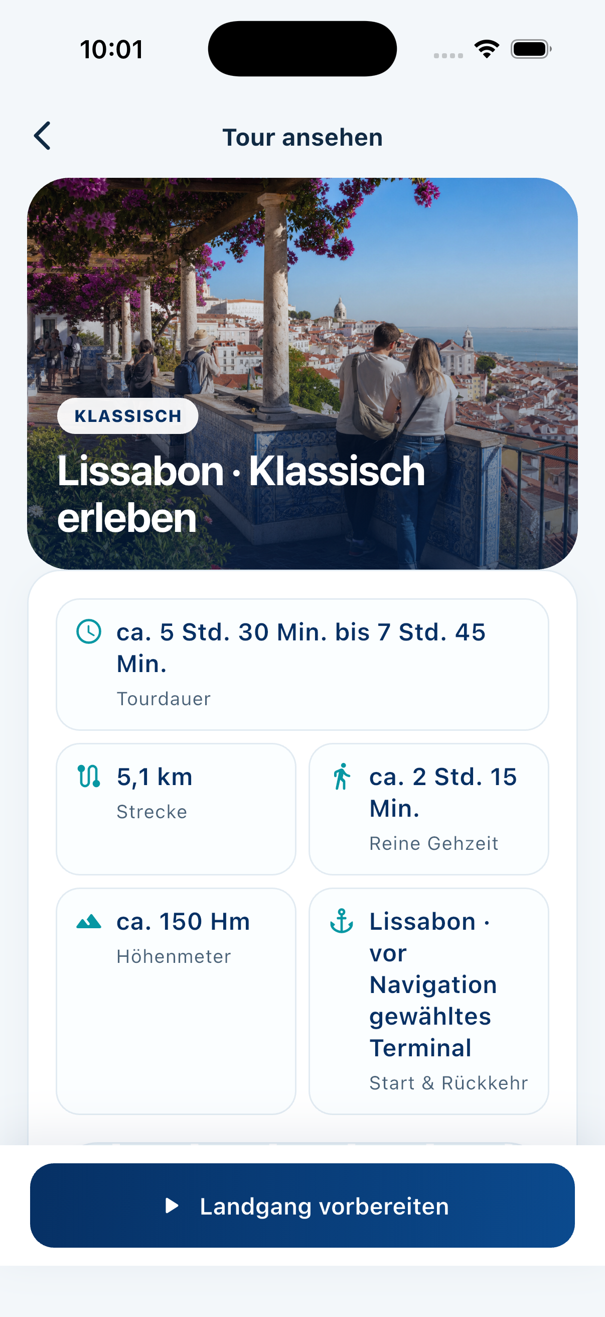 MeinLandgang App mit Details und Kennzahlen der klassischen Lissabon-Tour