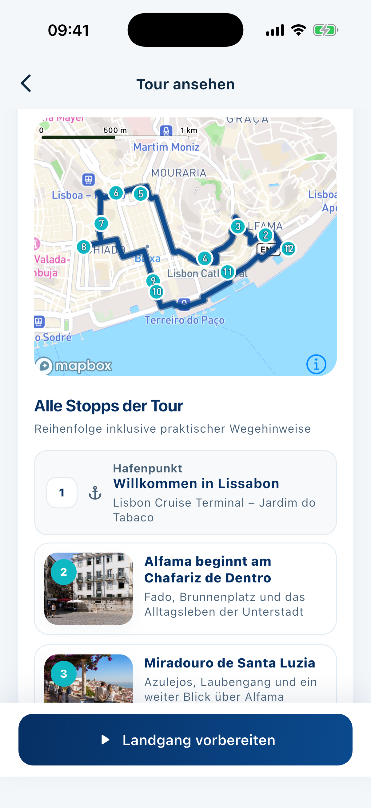 MeinLandgang App mit Lissabon-Route, Karte und Stoppreihenfolge