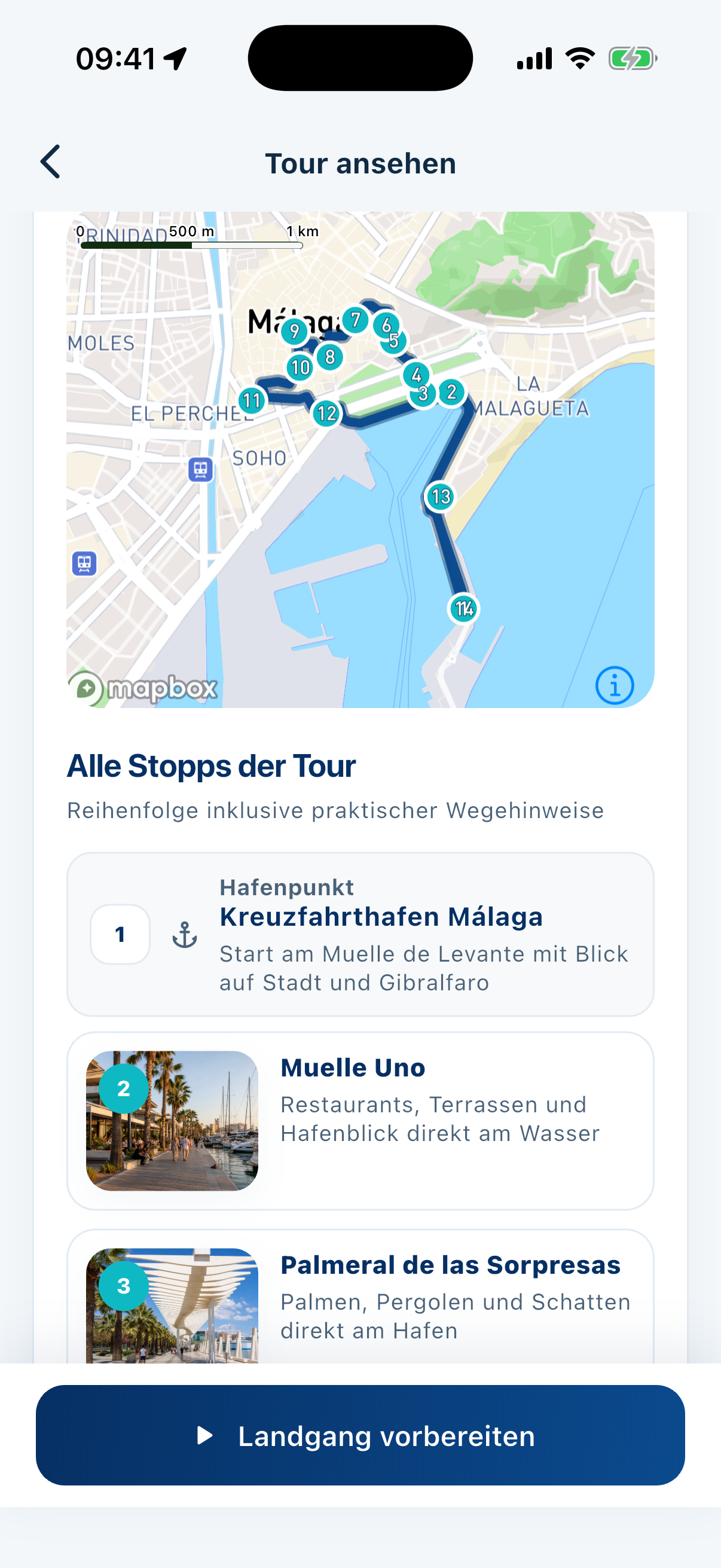 MeinLandgang App mit Málaga-Route, Karte und Stoppreihenfolge