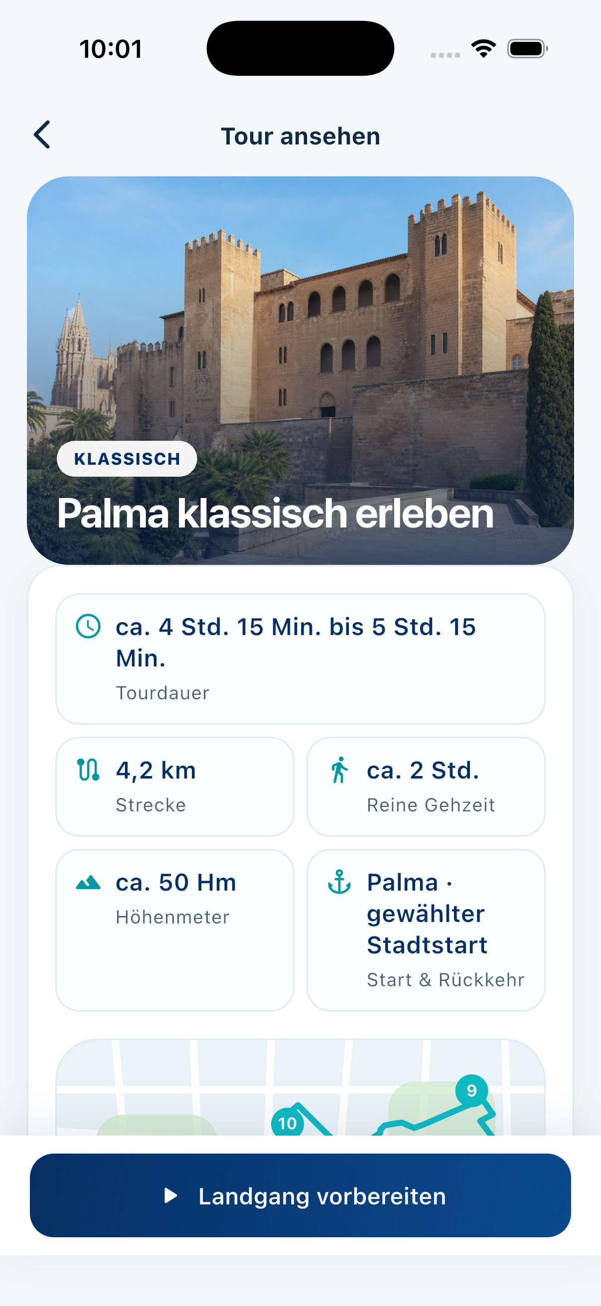 MeinLandgang App mit Details und Kennzahlen der klassischen Palma-Tour