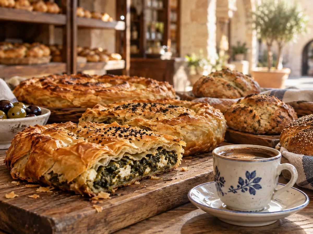 KI-Illustration: griechisches Gebäck, Brot und Kaffee als beispielhaftes Genussmotiv