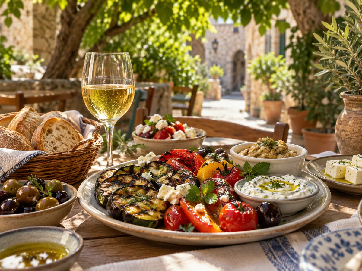 KI-Illustration: griechische Speisen und Wein unter Bäumen als beispielhaftes Genussmotiv