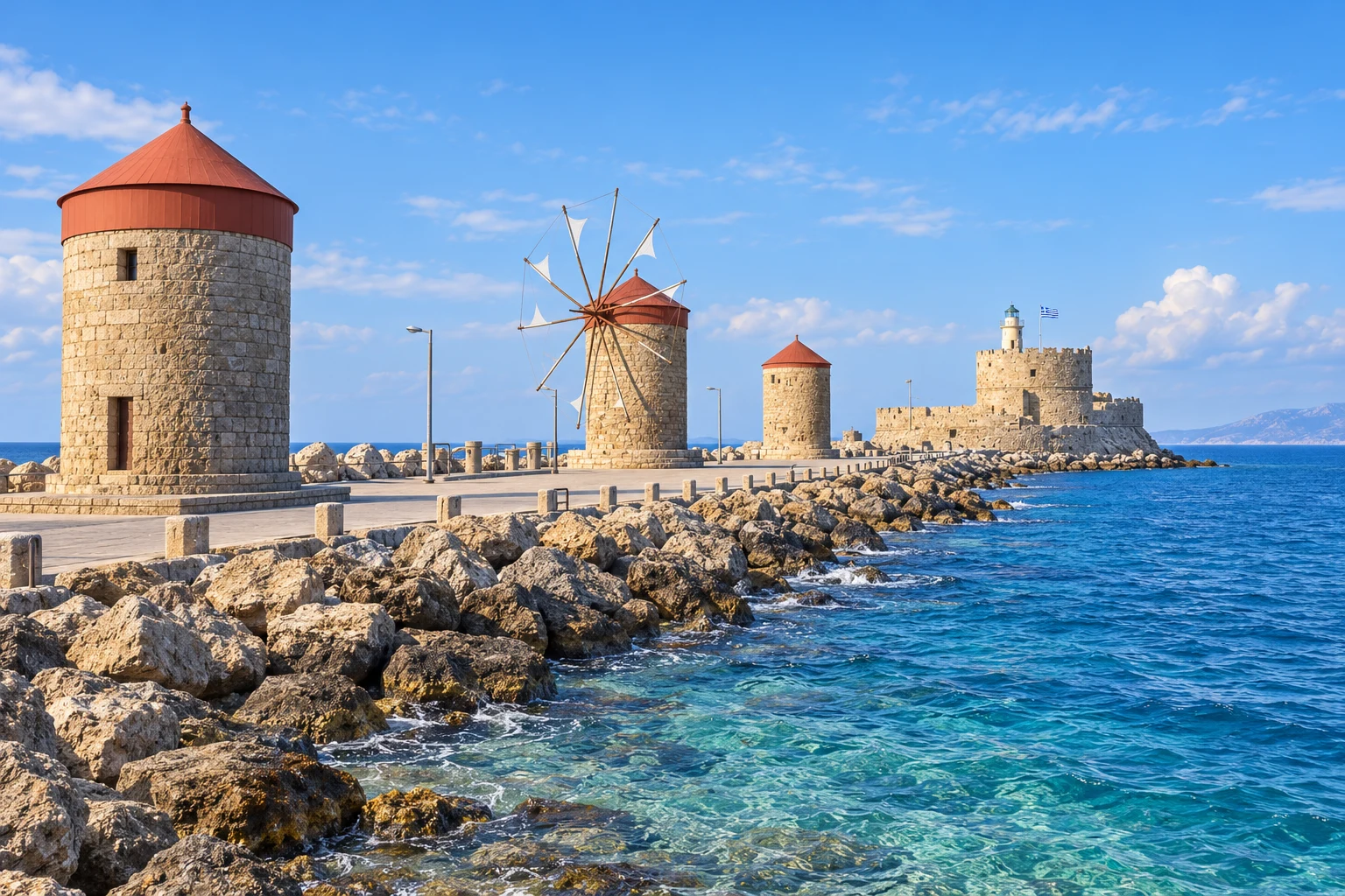 KI-Illustration: Windmühlen, Fort und Meer am Mandraki-Hafen