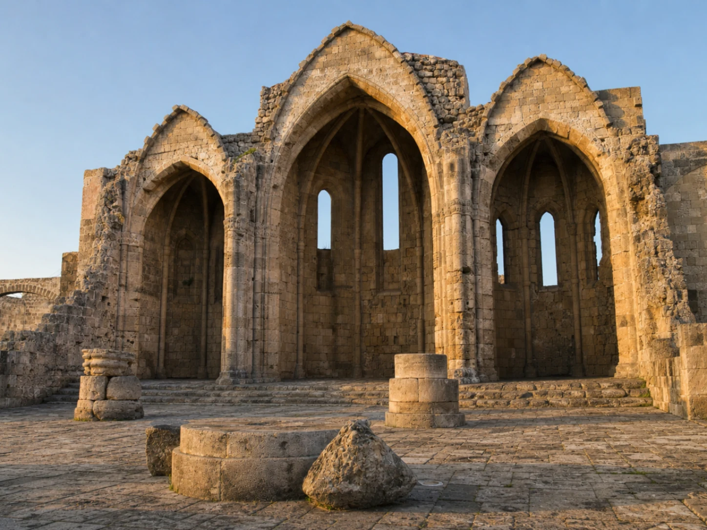 KI-Illustration: Spitzbögen der Kirchenruine Panagia tou Bourgou